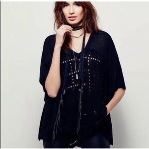 FREE PEOPLE Black SemiSheer Deep V-Neck Woven Patterned Holes Distressed Hem
